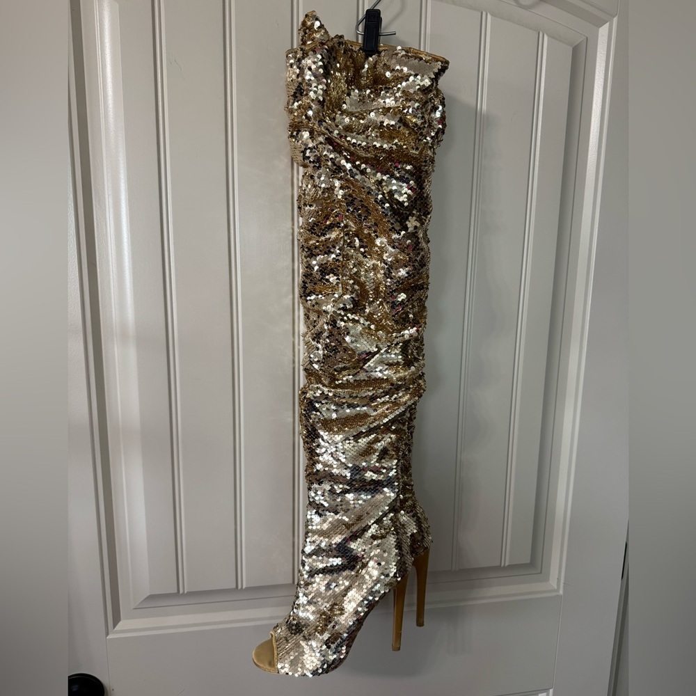 CAMSSOO 🌟 Gold Sequins Over-the-Knee Stiletto Peep-Toe Boots (Women's Size 8.5) - Picture 3 of 16